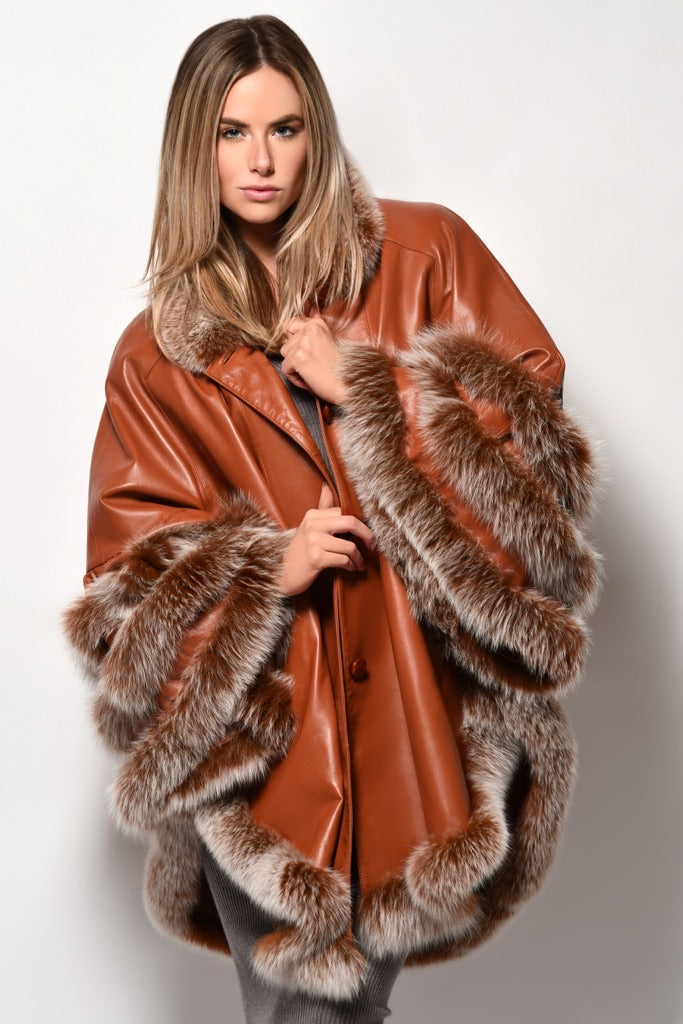 Leather cape with crystal Fox trim style 10033