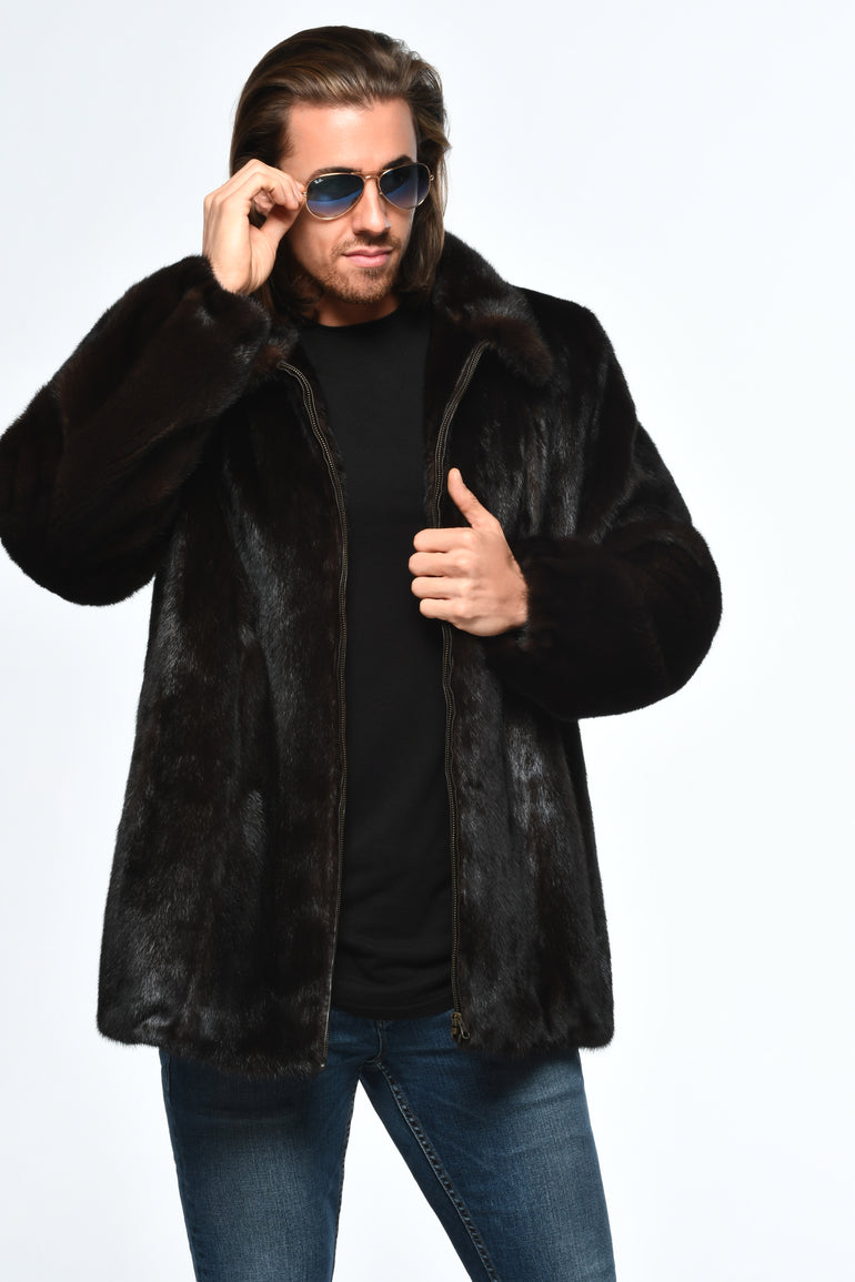 Oliverfurs Refurbished New Black Mink Fur Bomber Jacket W/Hood for Men Man Size All Custom Made