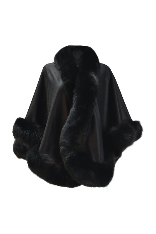 ON SALE- Cashmere cape with Fox Border in Black