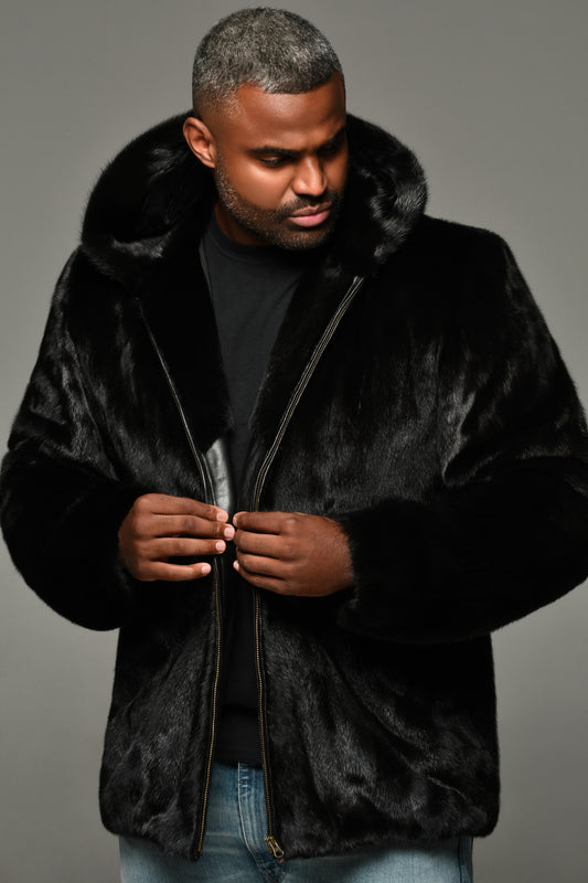 Mens Mink Bomber Jacket with Hood-Ranch/Mahogany